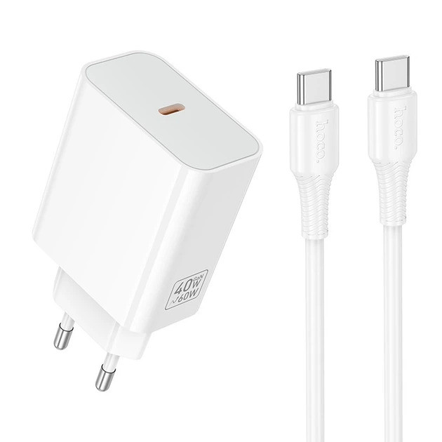 Мережевий зарядний пристрій HOCO C162A Source single port PD40W charger set(C to C) White (6942007675239)