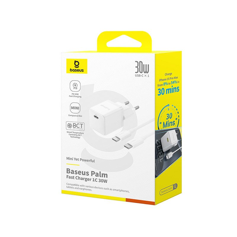 Мережевий зарядний пристрій з кабелем Baseus Palm Quick Charge 30 Вт (кабель Type-C на Type-C 60W) (колір білий)