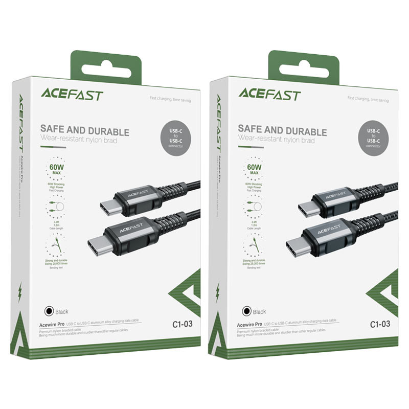 Кабель ACEFAST C1-03 Type-C to Type-C 3A, 1.2m, nylon, aluminum connectors, Black (6974316280521)