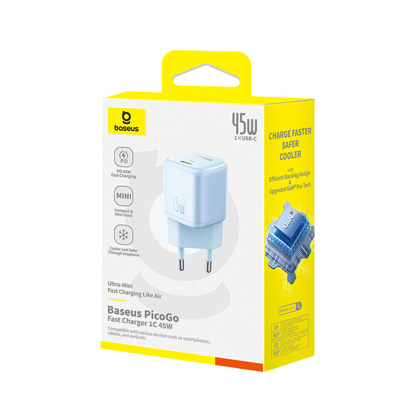 Мережевий зарядний пристрій Baseus PicoGo GaN 1x Type-C (з підтримкою PD / QC 45W) (колір голубий)