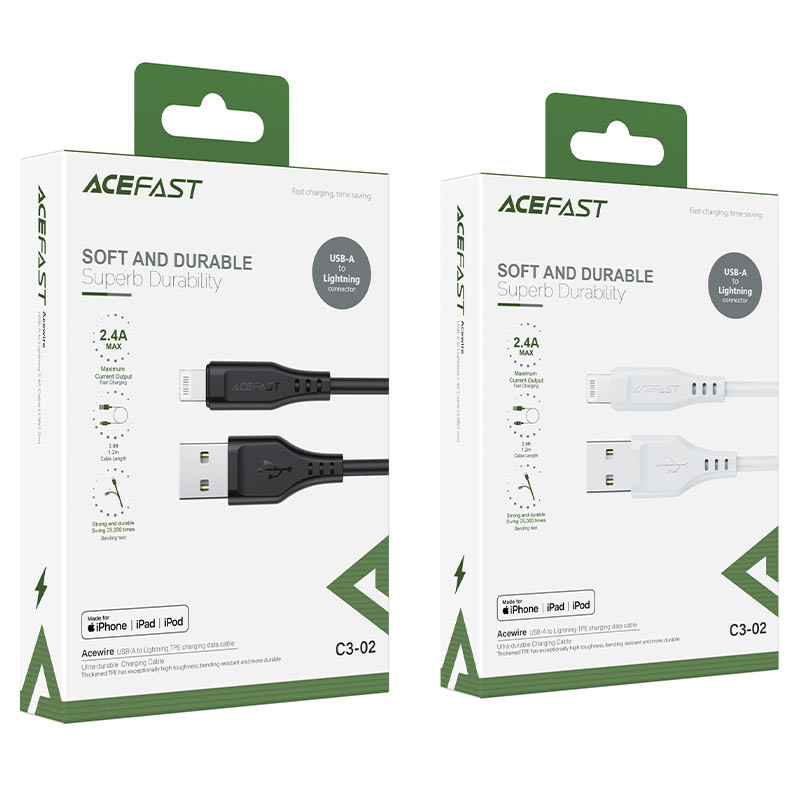Кабель ACEFAST C3-02 USB to iP 2.4A, 1.2m, TPE, TPE connectors, Black (6974316280828)