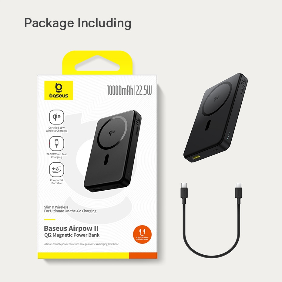 Зовнішній акумулятор Baseus Airpow Ⅱ Qi2 Magnetic Power Bank 10000mAh 22.5W Cosmic Black （With Simple Series Charging Cable Type-C to Type-C（20V/3A）30 (P10080000123-00)