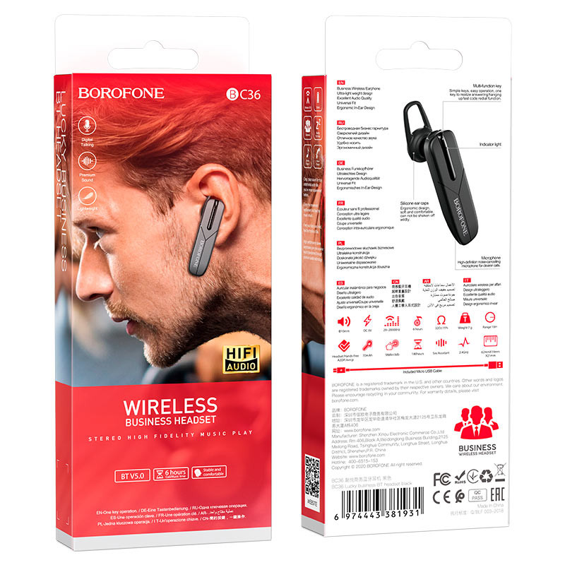 Bluetooth гарнітура BOROFONE BC36 Lucky business BT headset Black (6974443381931)